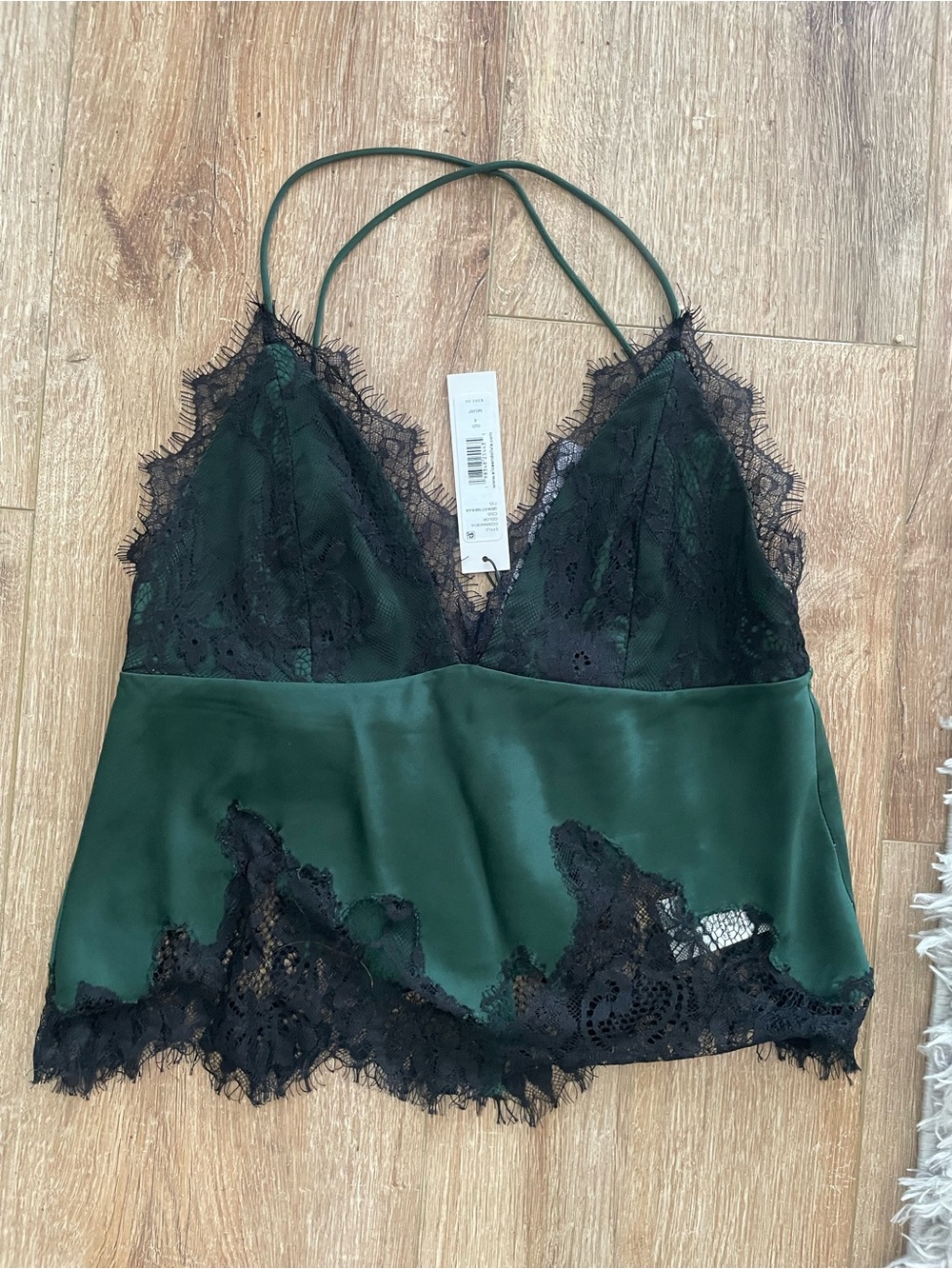Alice + Olivia Emerald Green Satin Camisole with Black Lace